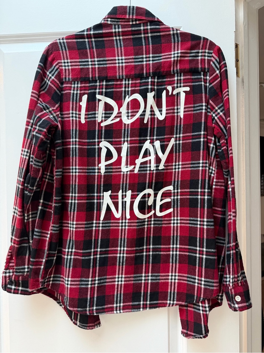 Women’s Red Plaid Flannel Shirt — "I Don't Play Nice" - US 2